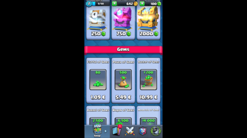 Menú de compra de gemas en la tienda de Clash Royale