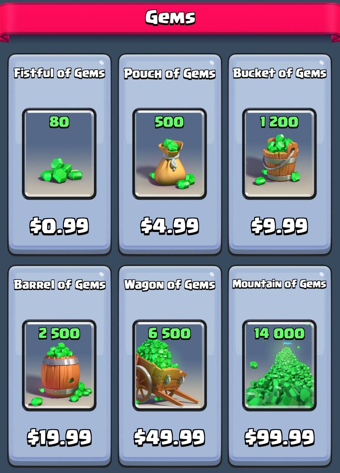 Obchod v Clash Royale ukazuje možnosti balíčků gemů a balíčků zlata