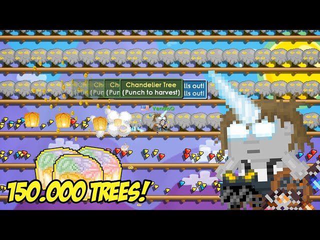 Growtopia player harvesting mature Chandelier trees