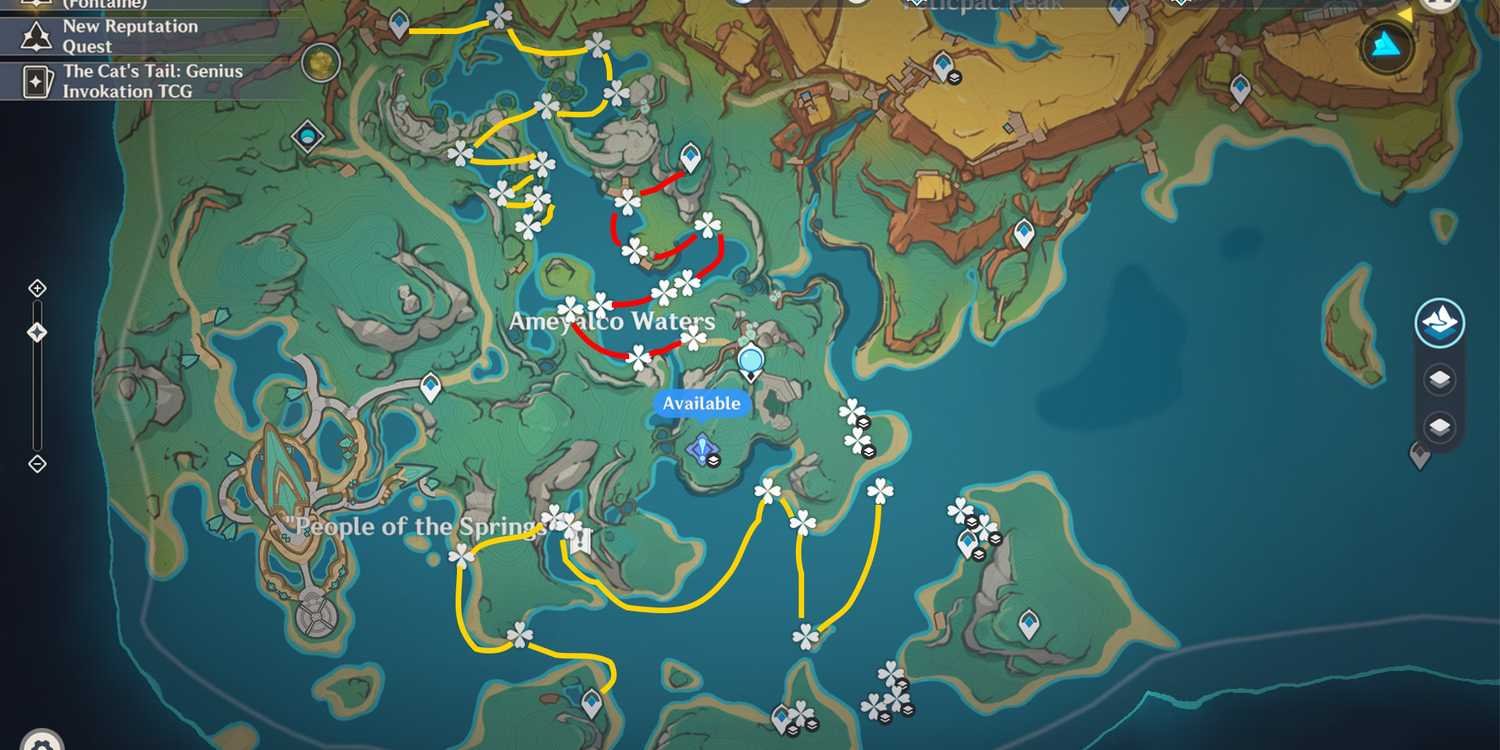 Map of Sprayfeather Gill farming locations around Ameyalco Waters in Natlan