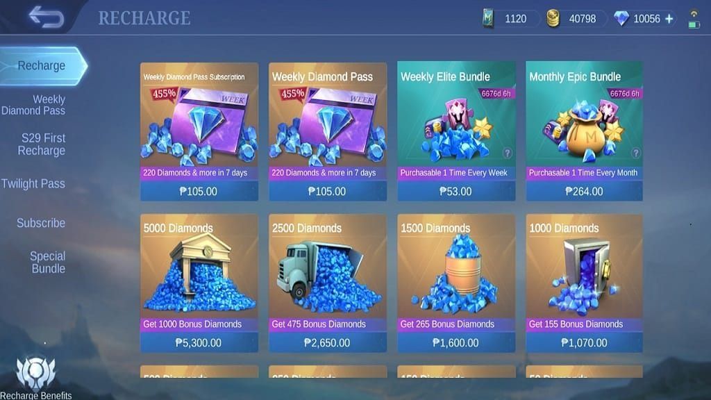Contatore dei diamanti nel negozio della lobby di Mobile Legends