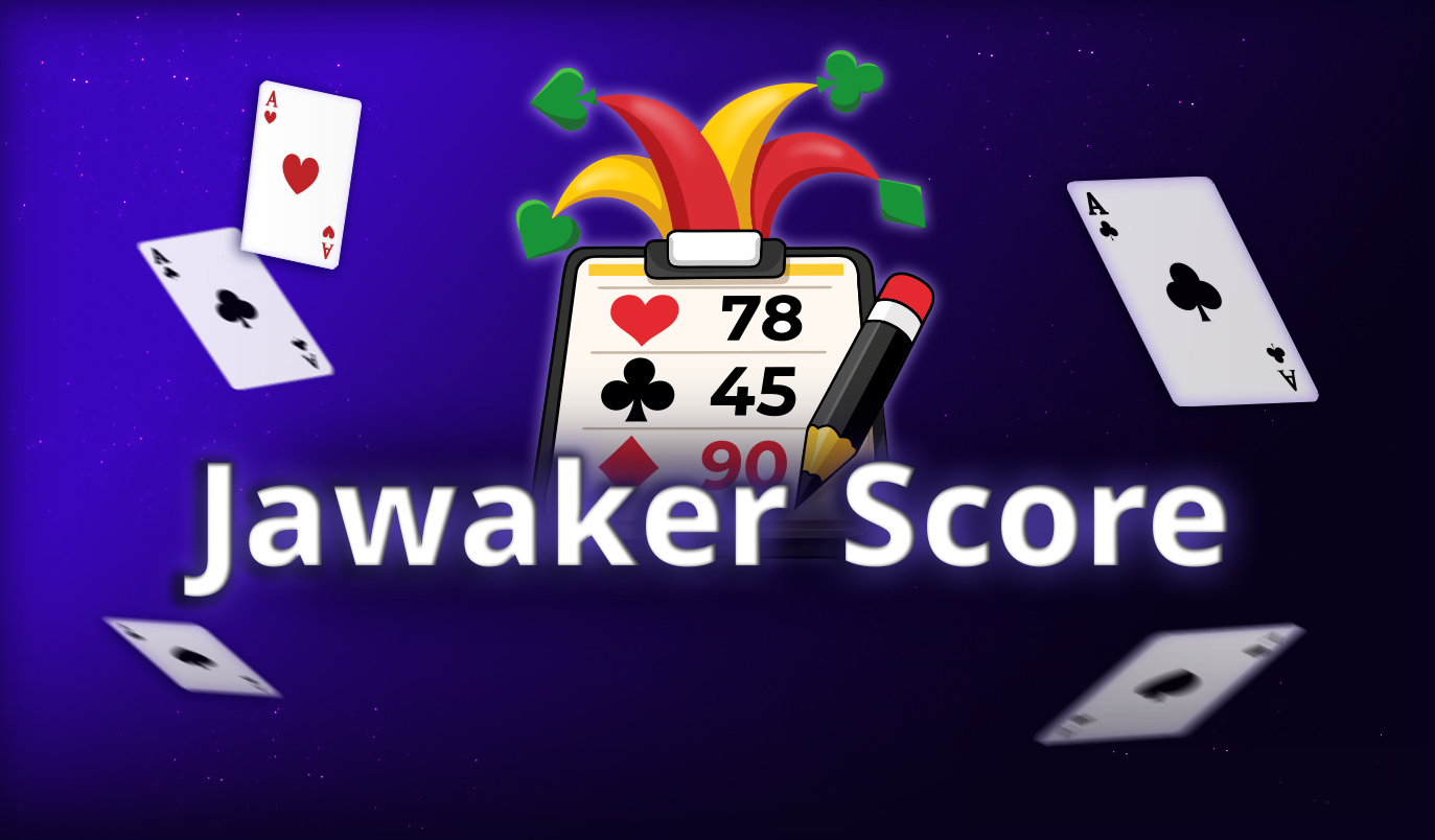 Baloot tournament table on Jawaker with bid ledger and score tracking