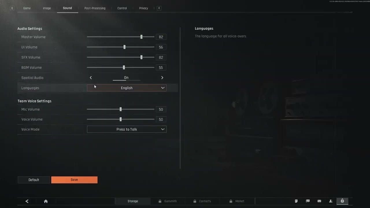 Arena Breakout in-game sound settings menu showing volume sliders