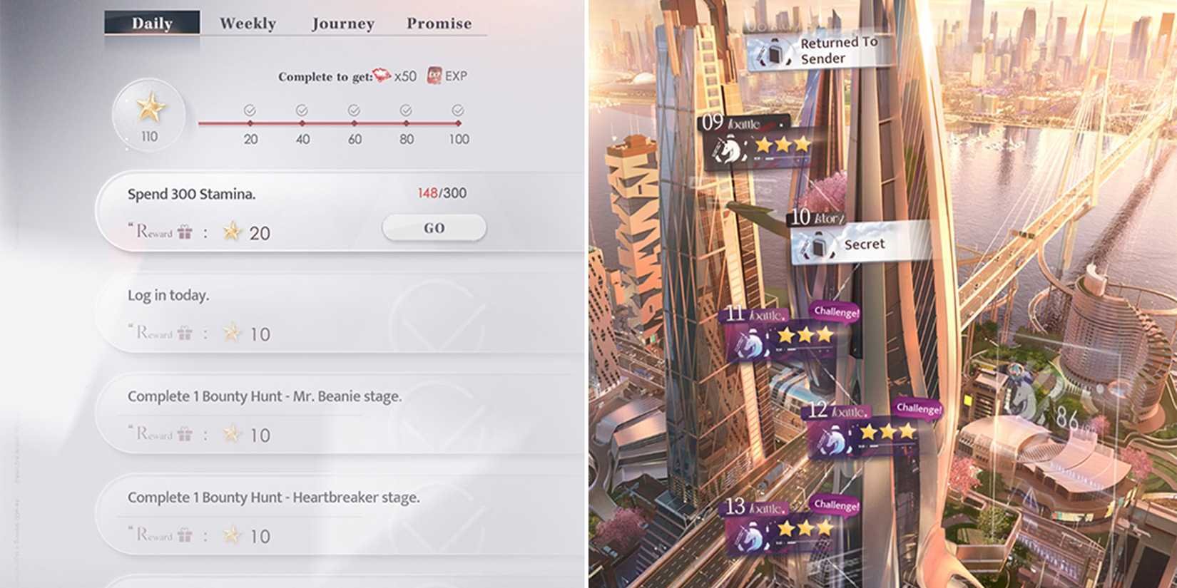 Daily agenda task list yielding EXP and Diamonds in Love and Deepspace