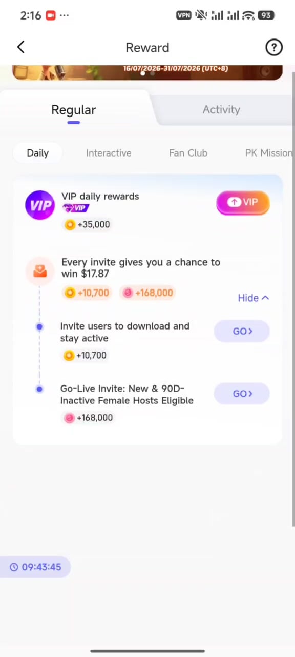 Recompense zilnice Recompensă Invitație VIP Poppo Live
