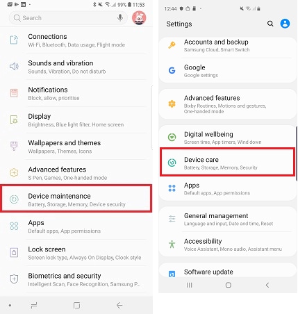 Pantalla de especificaciones de memoria y RAM en Android