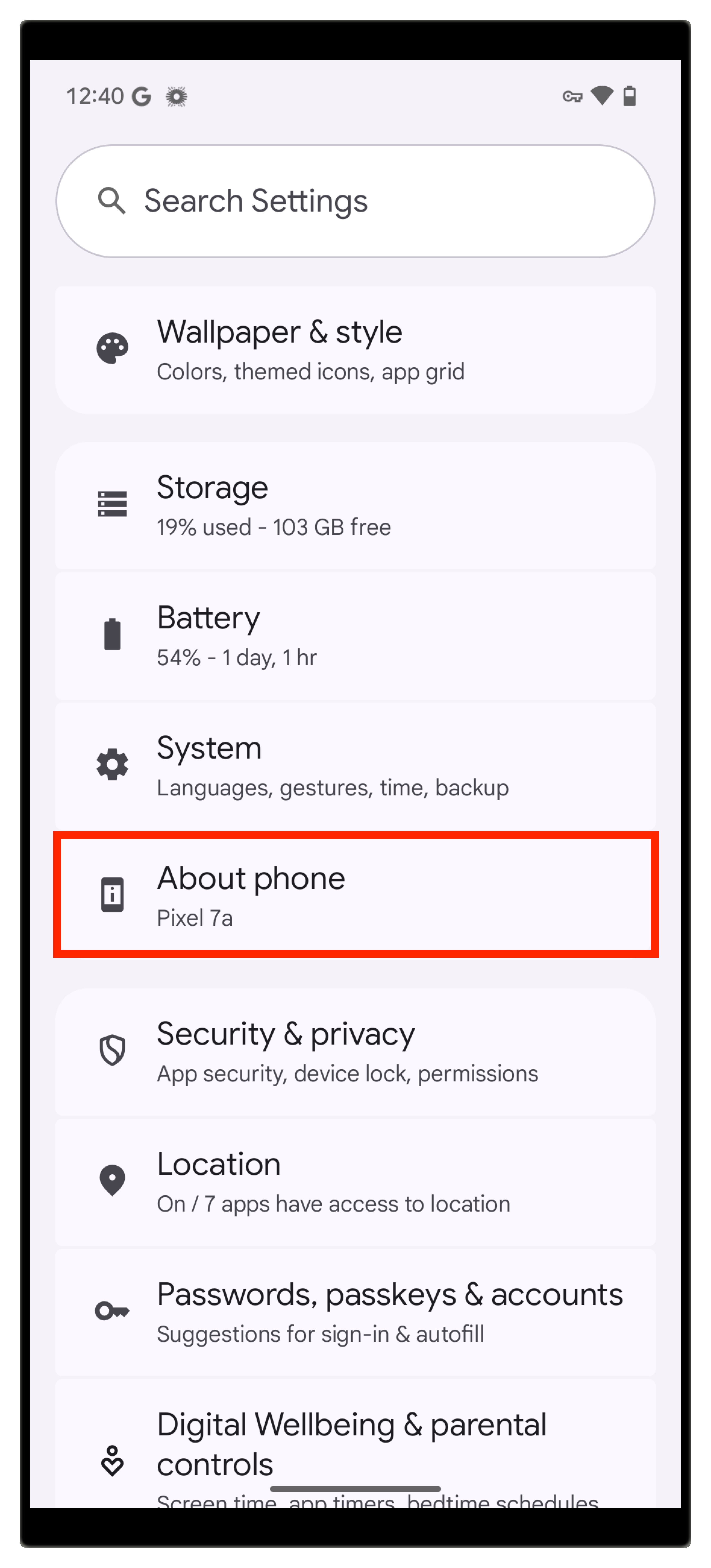 顯示作業系統版本的 Android 設定選單