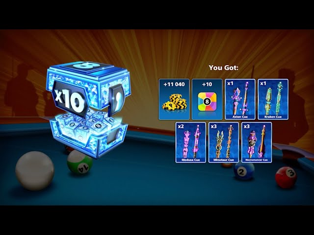 Opening a Legendary Surprise Box in 8 Ball Pool showing coin payouts and cue pieces