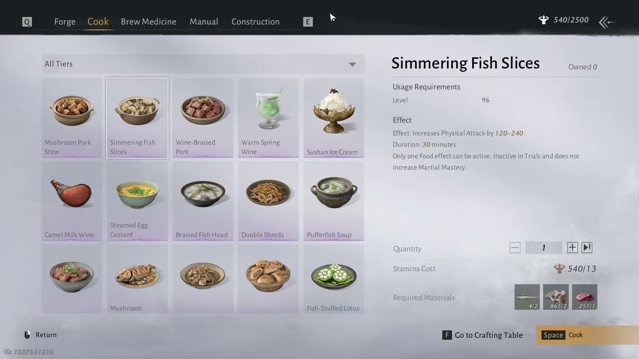 Menu de cuisine des tranches de poisson mijotées de Where Winds Meet et bonus d'attaque physique
