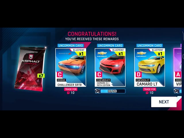 Opening premium blueprint card packs on the Asphalt 9 store interface