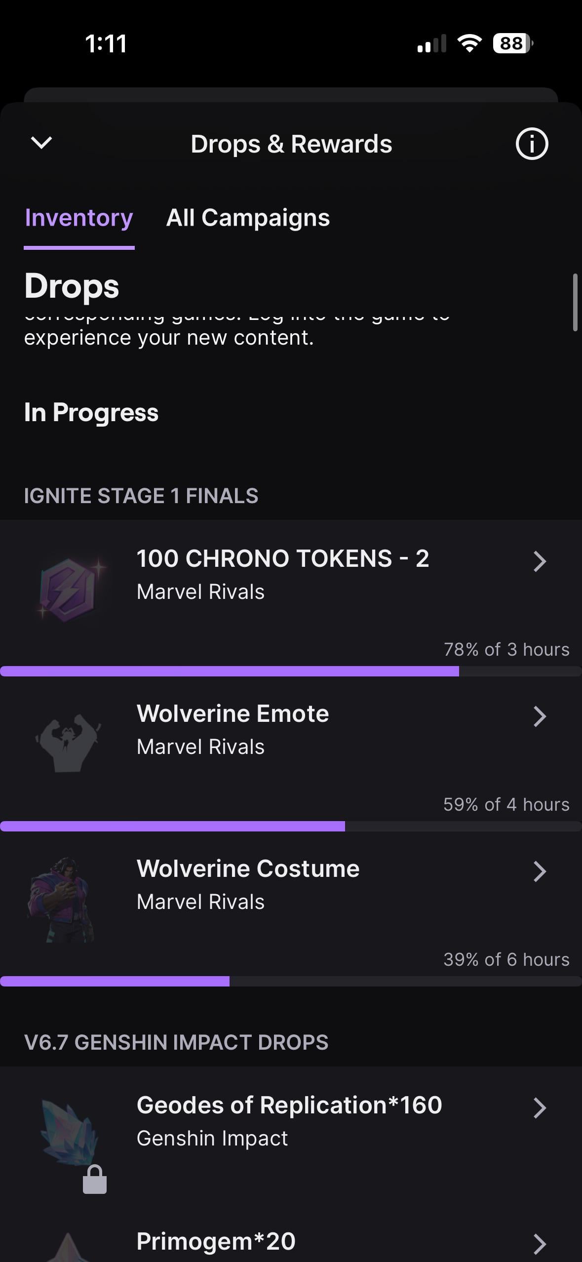 Twitch drops inventory interface showing watch progress on an active campaign