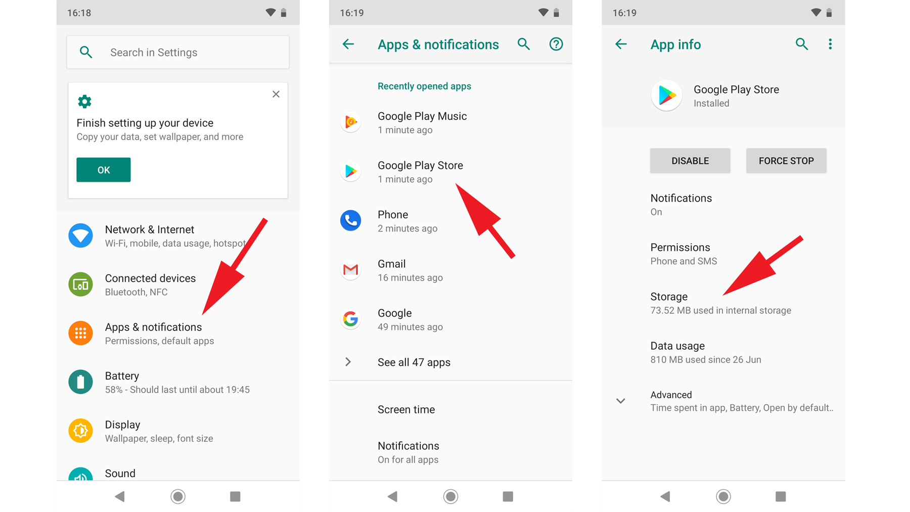 Menu impostazioni Android con opzioni memoria e svuota cache