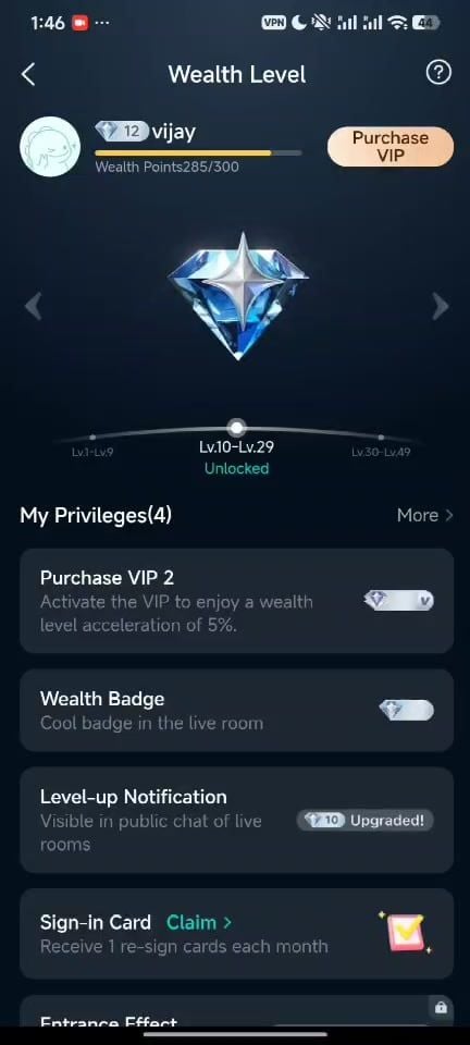 Privilegi Livello Ricchezza BIGO Live Lv.12 Acquista VIP