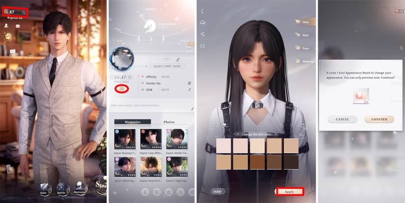 Evol Appearance Reset screen in Love and Deepspace showing diamond costs