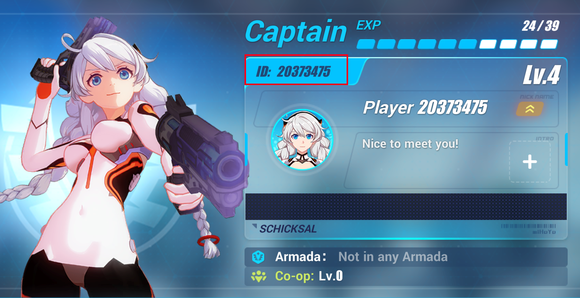 Profil konta Honkai Impact 3rd pokazujący ID użytkownika do doładowania