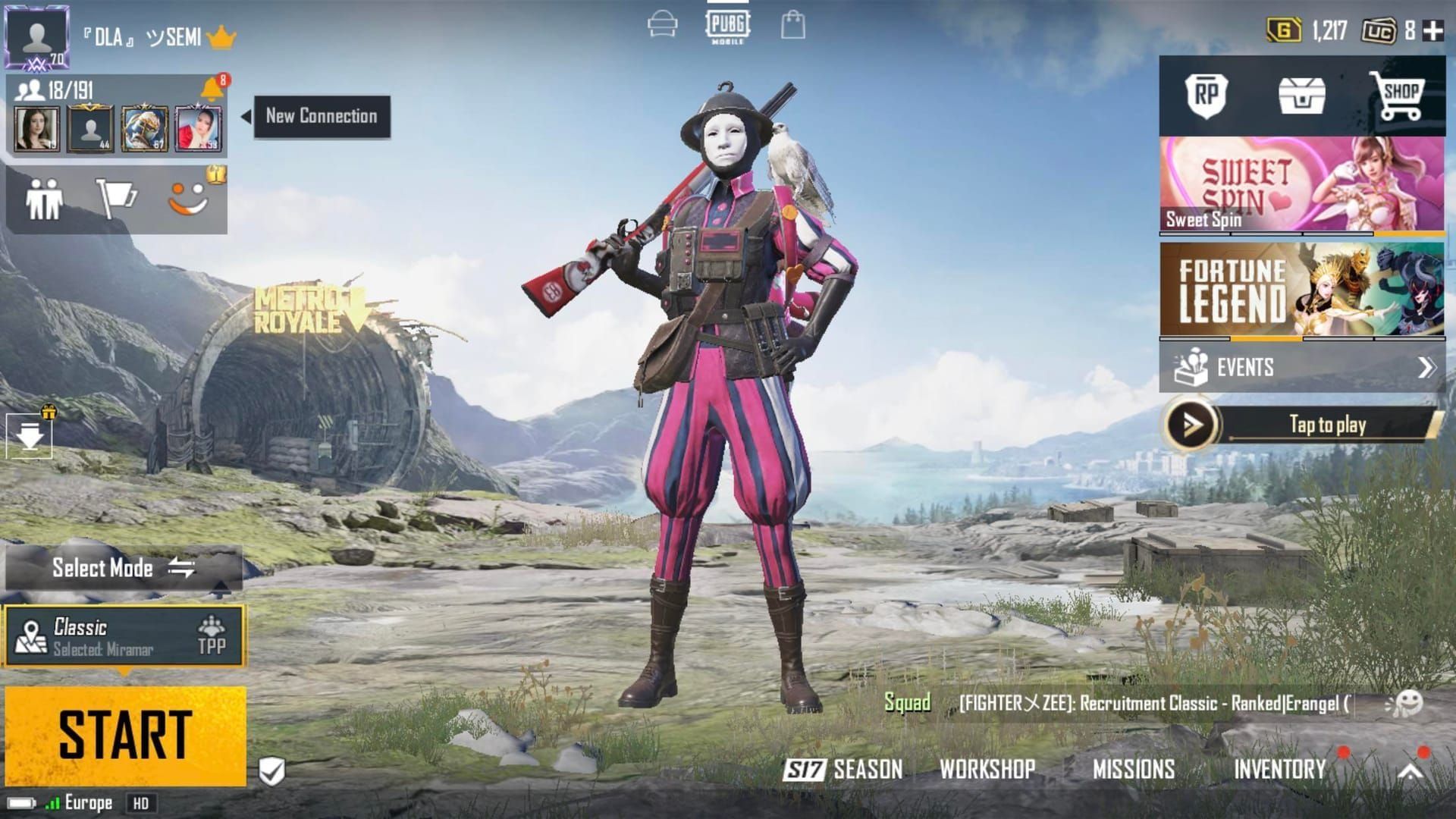 PUBG Mobile main lobby displaying account wallet balance and notification mailbox