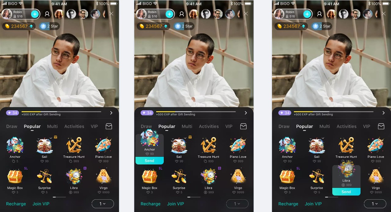 Bigo Live broadcast room interface showing gift panel and viewer interactions