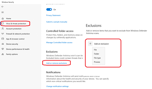Windows Security Virus and threat protection exclusion settings interface