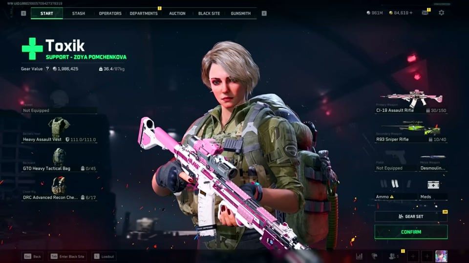Delta Force loadout confirm screen with Toxik Support CI-19 and R93