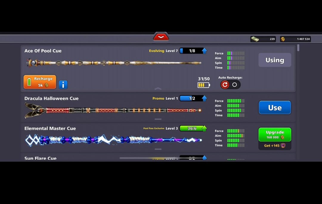 Upgraded level 41 evolving seasonal cue with maximum stats in 8 Ball Pool