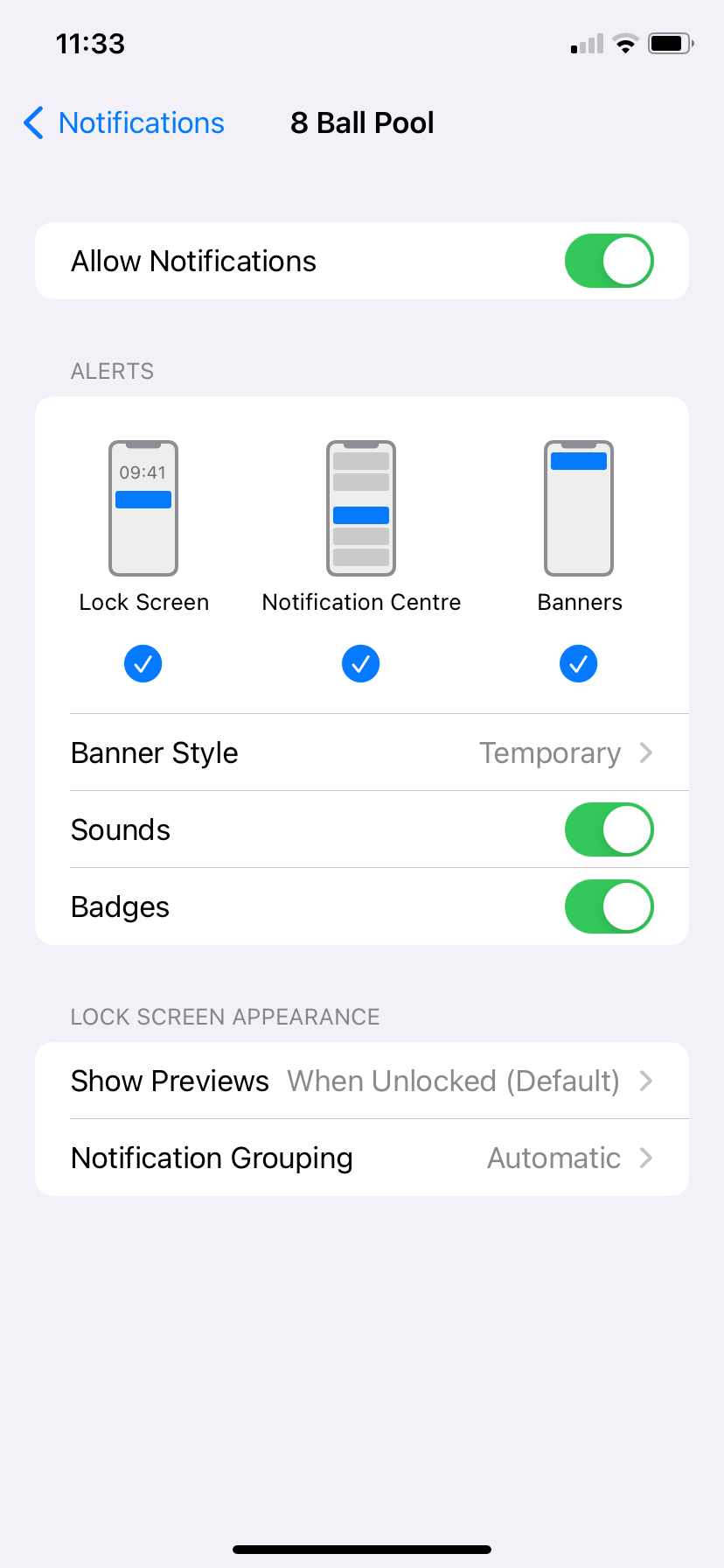 Interface de configurações de notificações do sistema