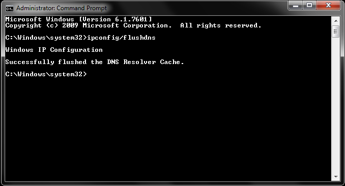 Command prompt window running ipconfig flushdns to reset game server routes