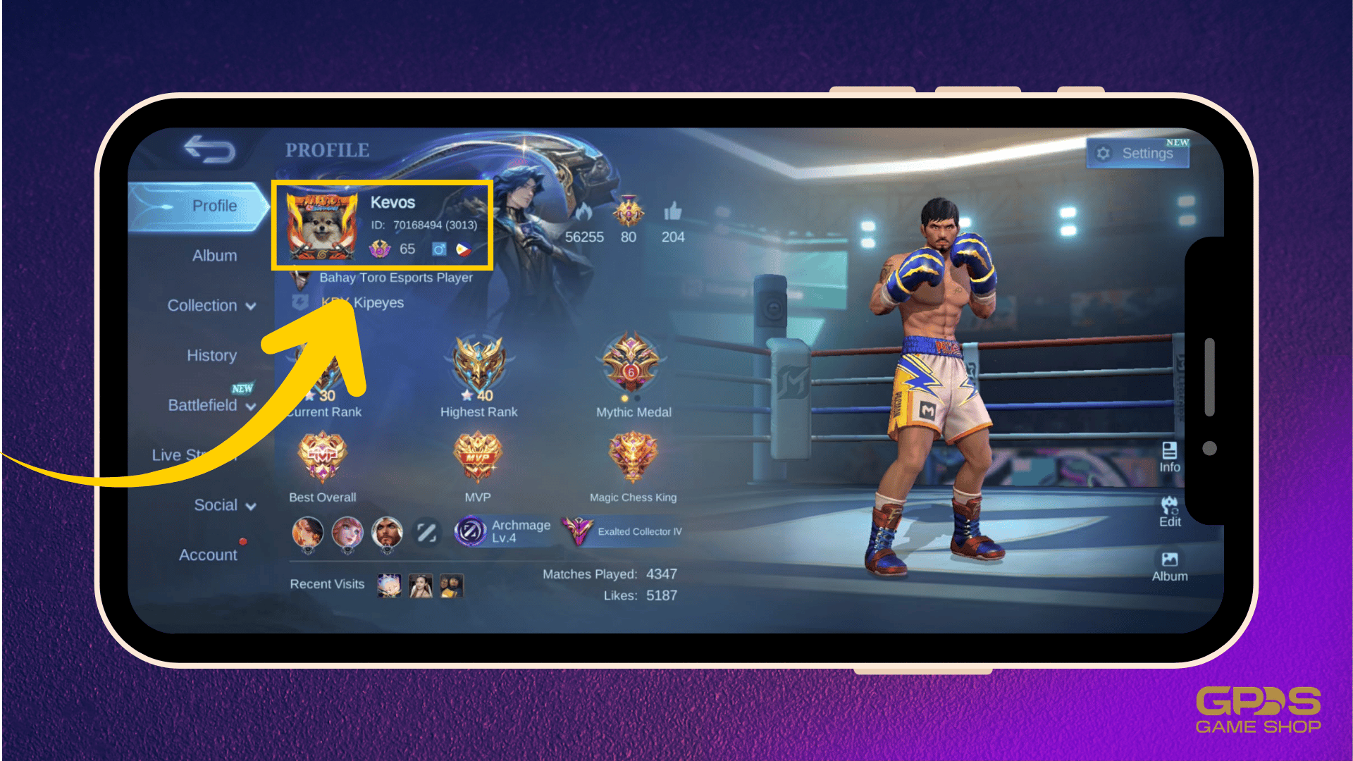 Mobile Legends player profile screen showing User ID and four digit Zone ID