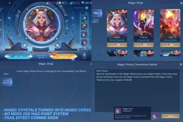 Mobile Legends Bang Bang Magic Wheel draw interface showing Magic Core balance