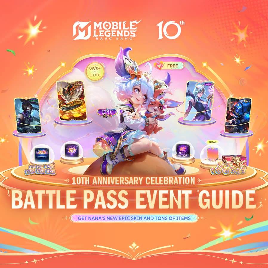 Interface de l'événement du pass de célébration du 10e anniversaire de Mobile Legends montrant les niveaux du pass de combat