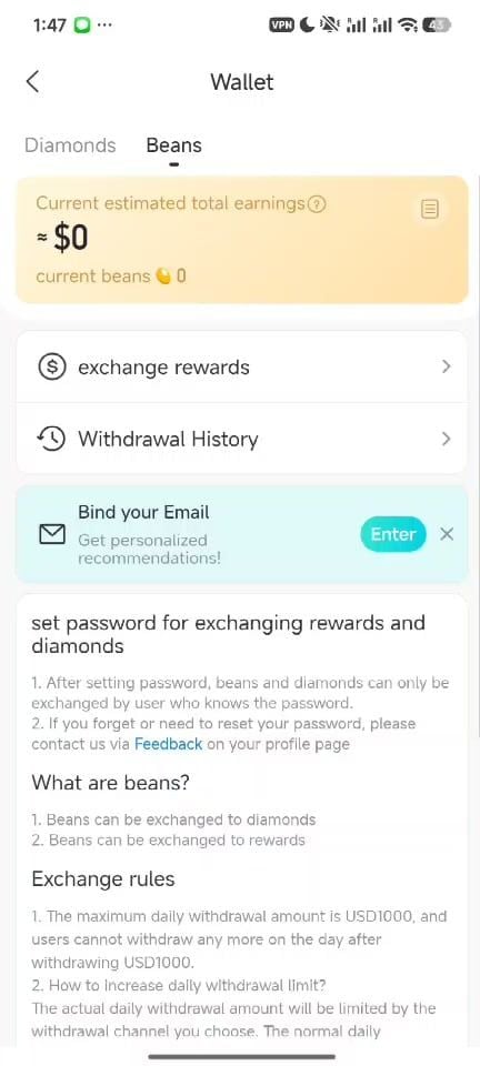 Regole di scambio scheda Beans Portafoglio BIGO Live limite giornaliero 1000 USD