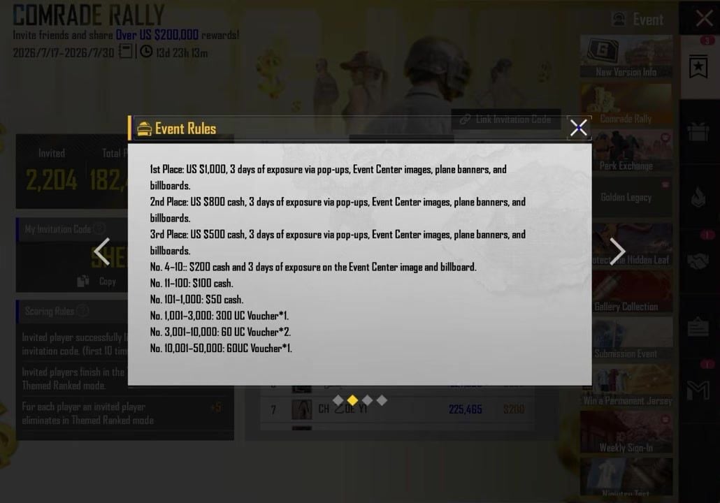 300 UC 바우처 등급이 포함된 PUBG Mobile 동료 랠리 이벤트 규칙