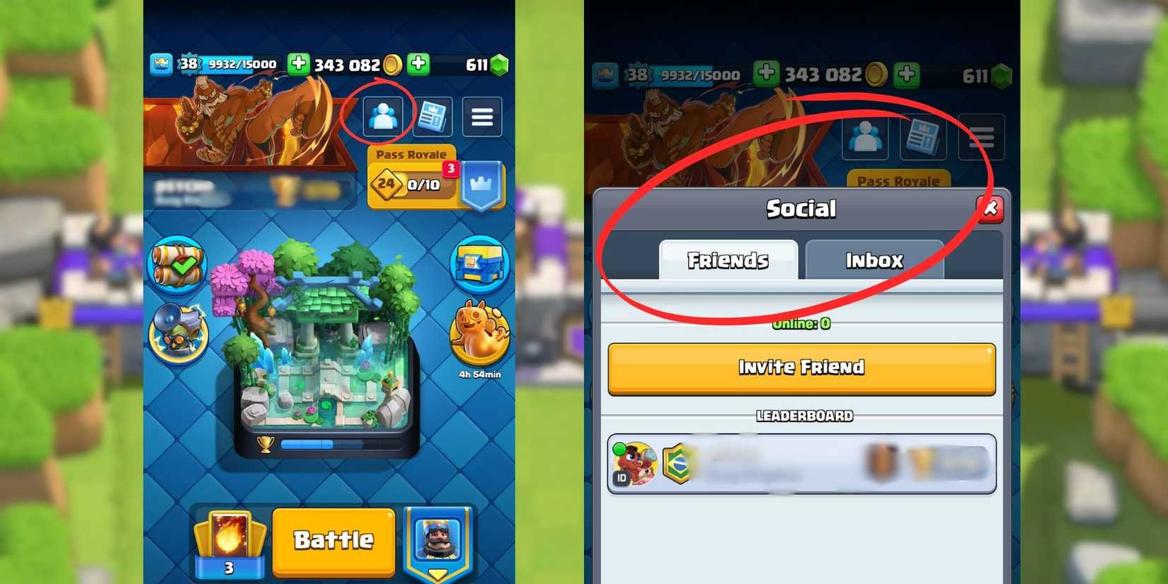 Pantalla para añadir amigos y generar enlace de invitación en Clash Royale