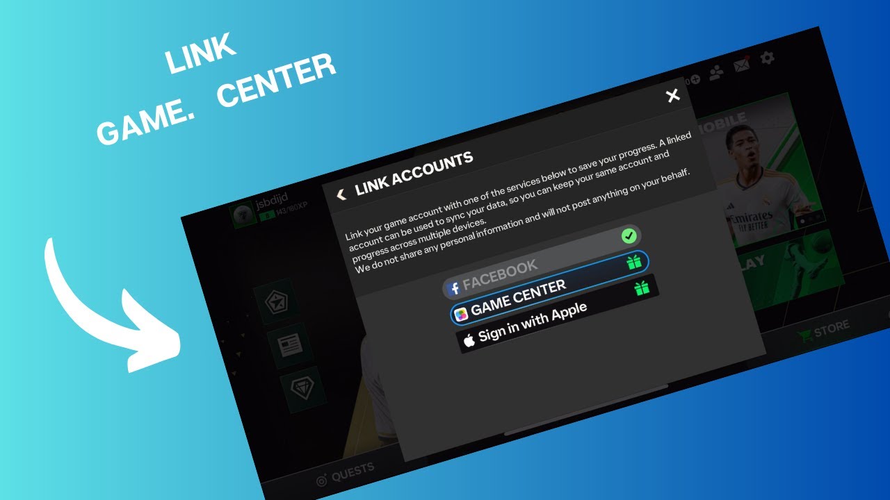 FC Mobile Account Management menu displaying Apple Account and Game Center linking options