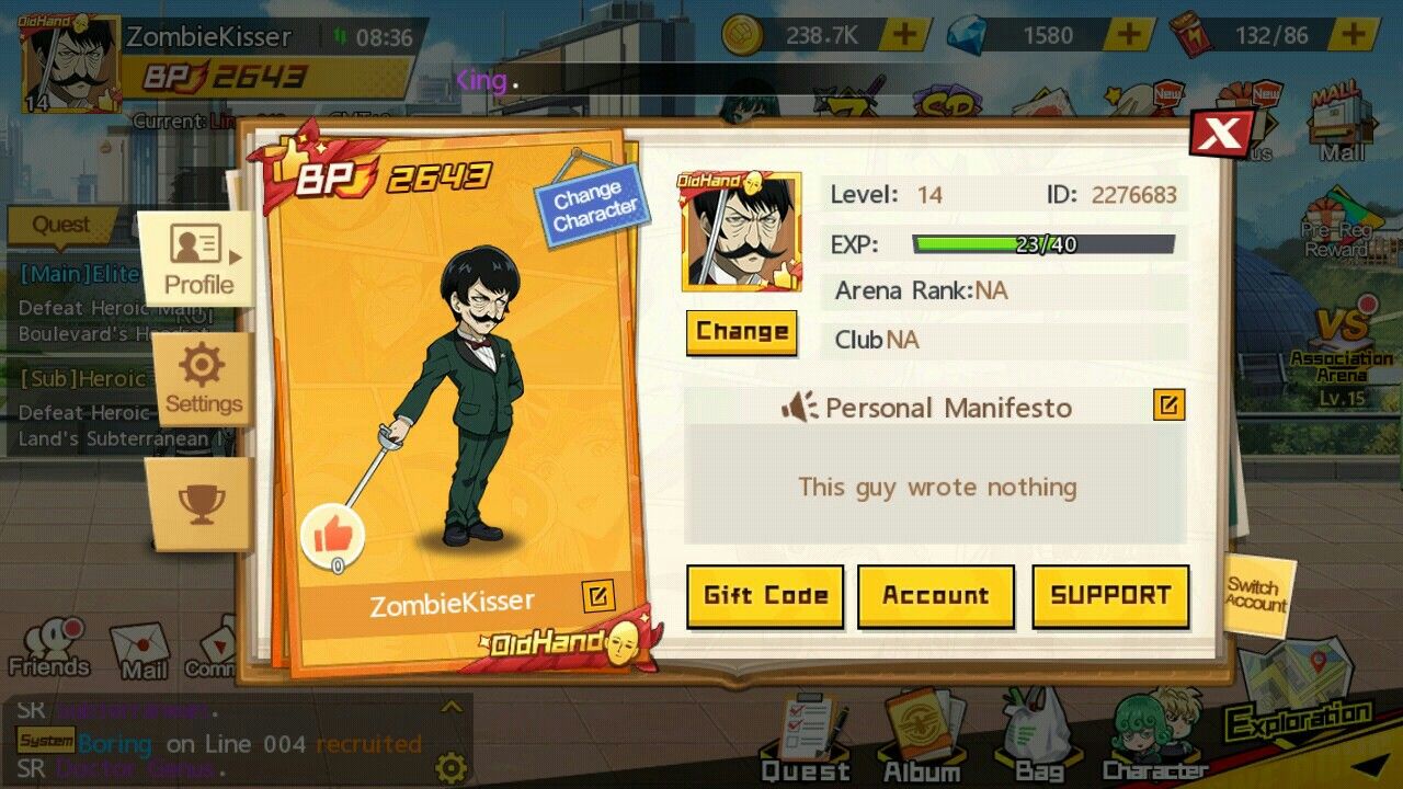 Schermata del profilo giocatore di One Punch Man The Strongest con User ID e Server ID