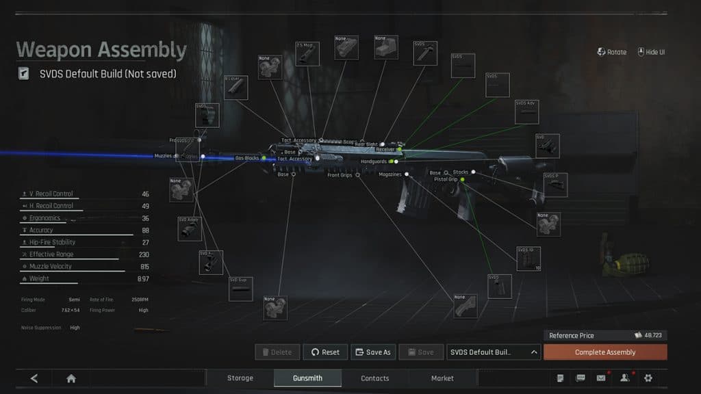 Tactical gunsmith screen with disassembled weapon receiver and attachment rails in Arena Breakout Infinite