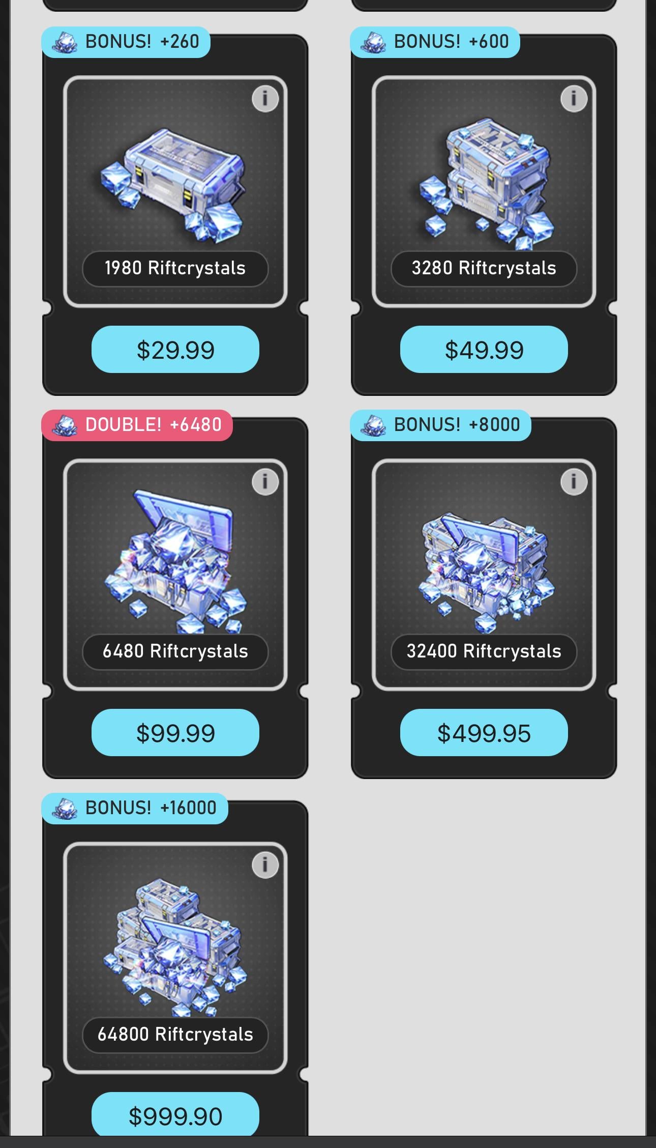 Interfaccia dello shop in-game che mostra i livelli bonus 2x di Riftcrystal sulla prima ricarica