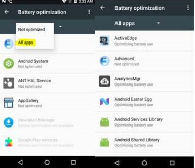 將應用程式權限設為不受限制的 Android 電池最佳化選單