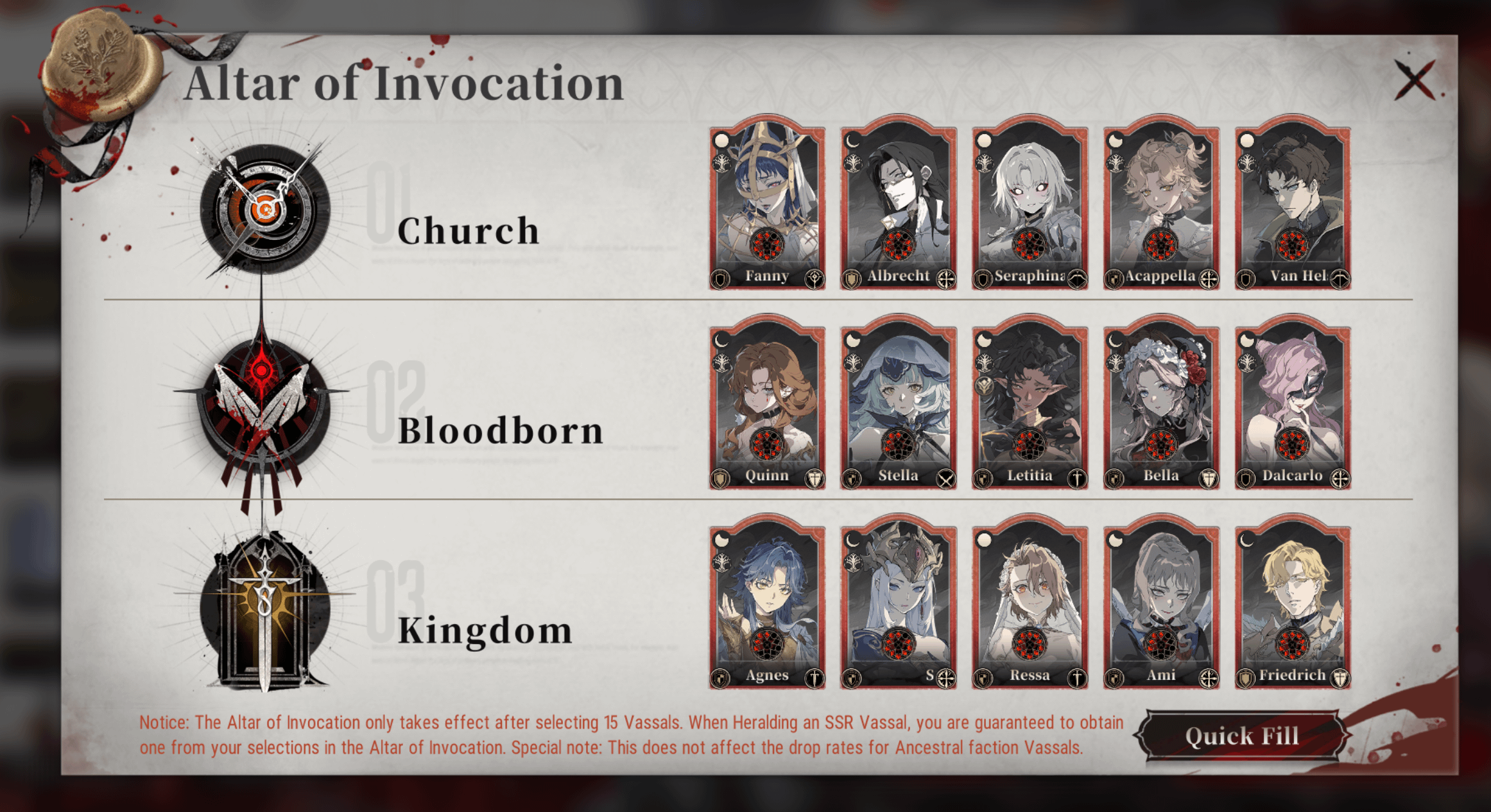 Interfaccia dell'Altare dell'Invocazione con gli slot della wishlist di fazione per Vassalli Kingdom, Church e Bloodborn