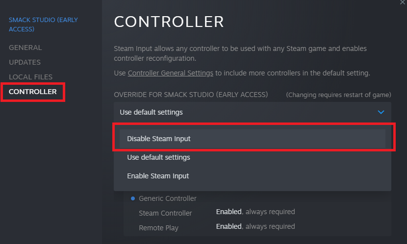 علامة تبويب يد التحكم في خصائص Steam مع تعطيل Steam Input