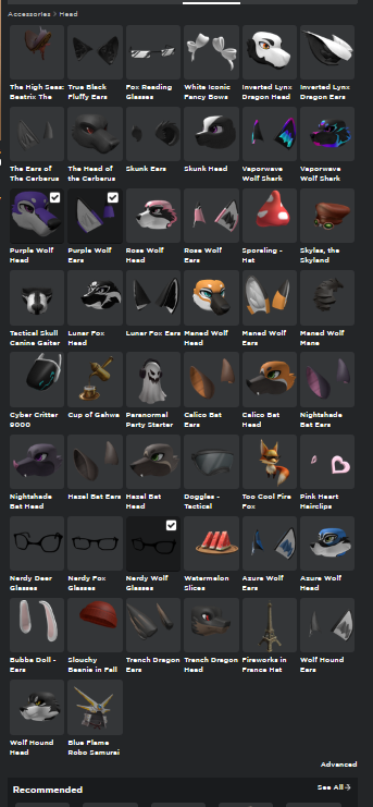 Roblox marketplace catalog showing tradeable limited hats and back accessories