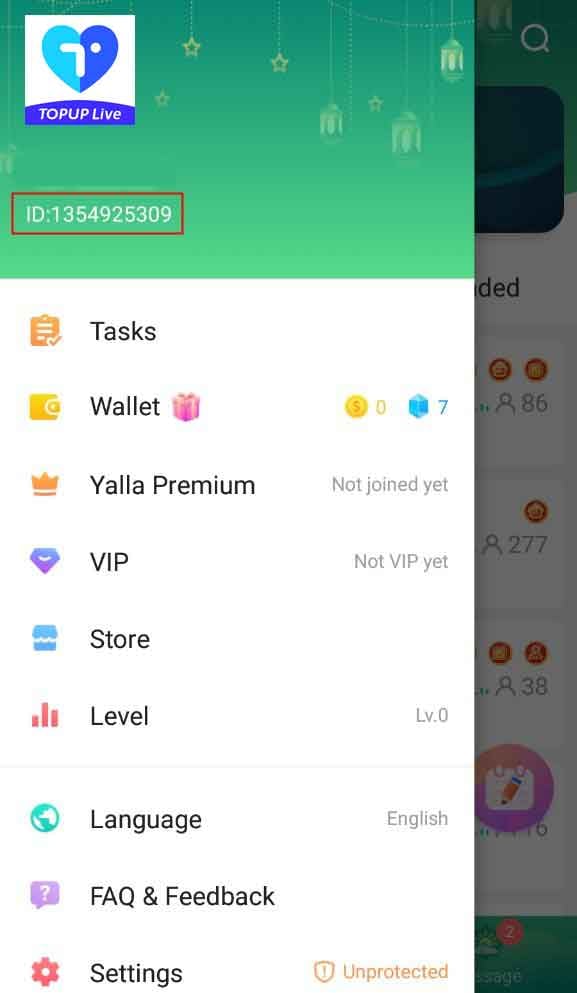 Ekran profilu Yalla Live przedstawiający 7- do 9-cyfrowy identyfikator użytkownika User ID