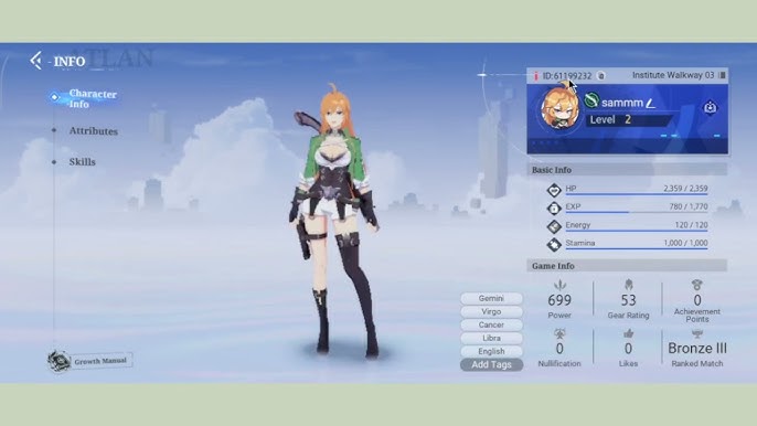 Selección de personaje en Crystal of Atlan que muestra el nombre del servidor y la ID de personaje