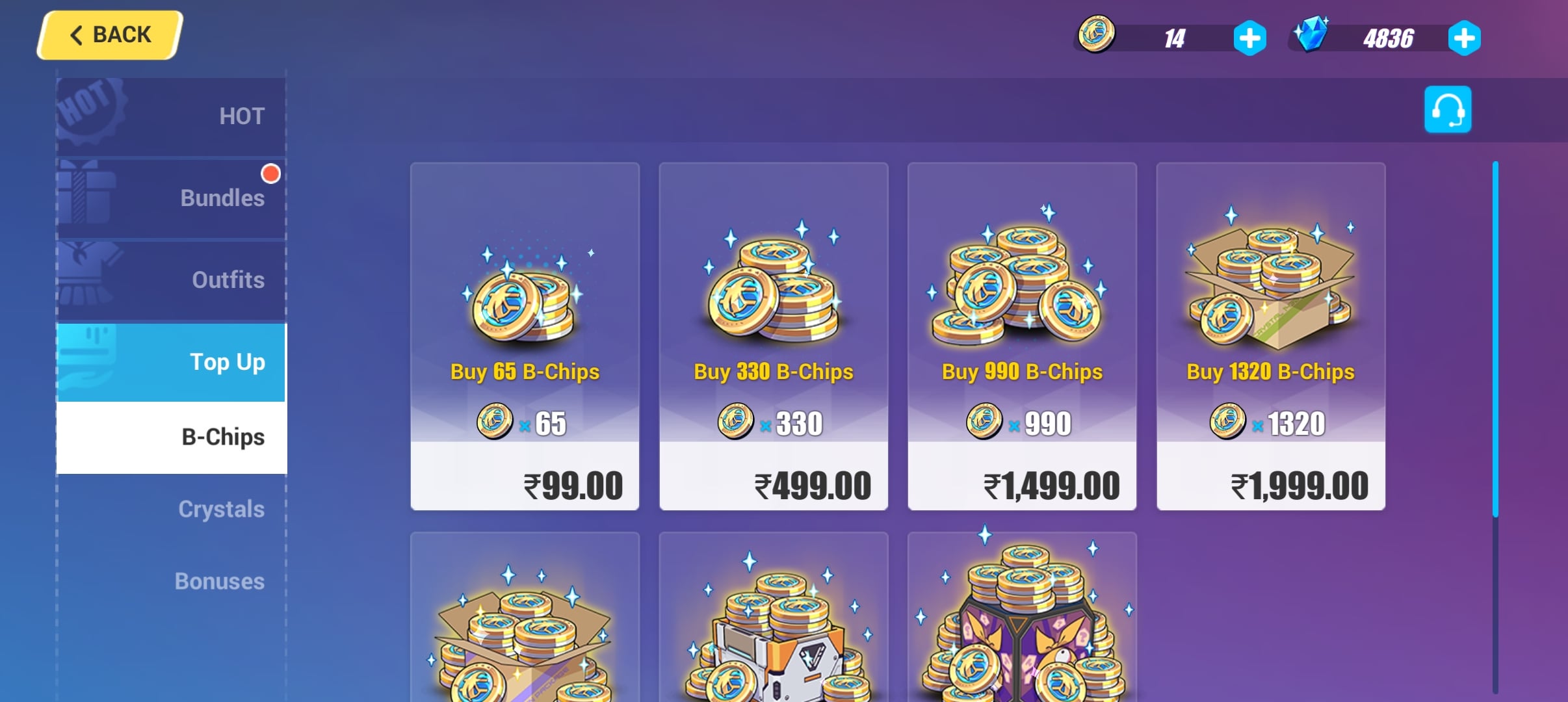 Interfejs Supply w grze Honkai Impact 3rd wyświetlający pakiety Kryształów i zestawy B-Chips