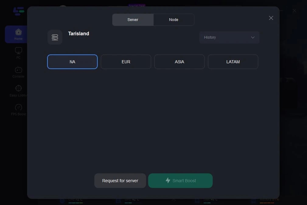 Tarisland server selection and character login screen