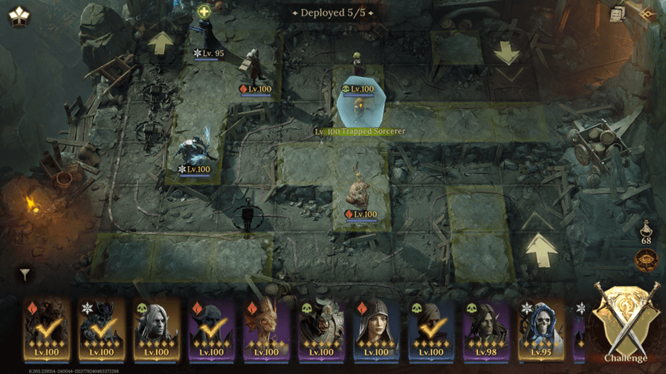 Dragonheir Silent Gods pre-battle formation grid with hero placement tiles