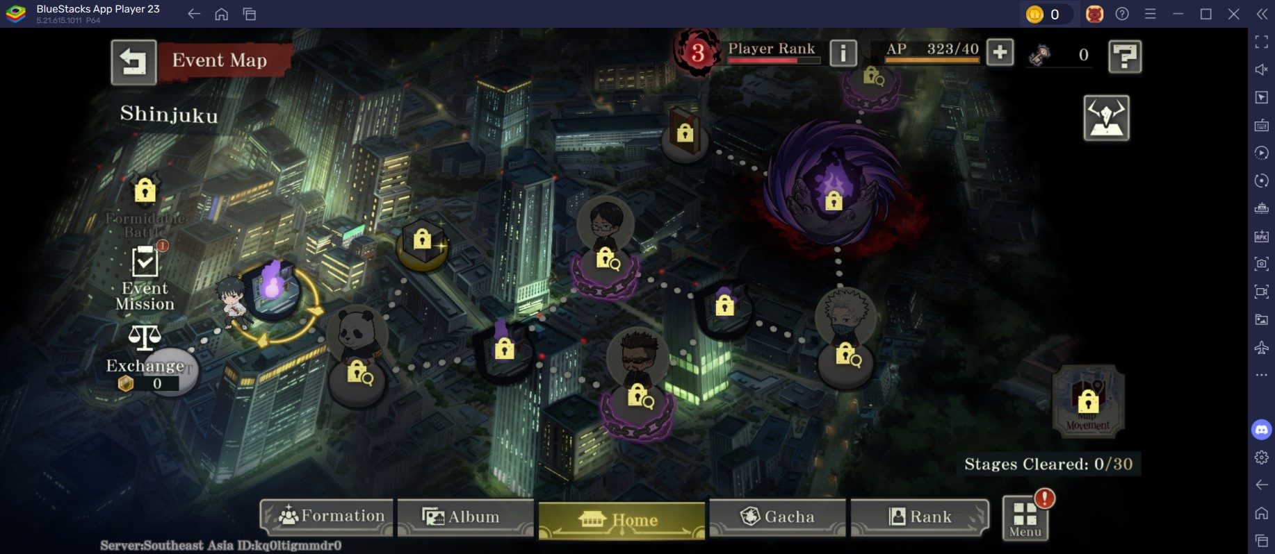 Emulator keymapping editor showing customized tap points for Jujutsu Kaisen Phantom Parade