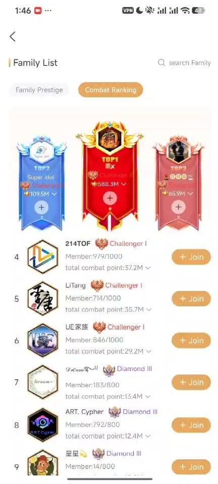 Classifica Combattimento Lista Famiglia BIGO Live Challenger
