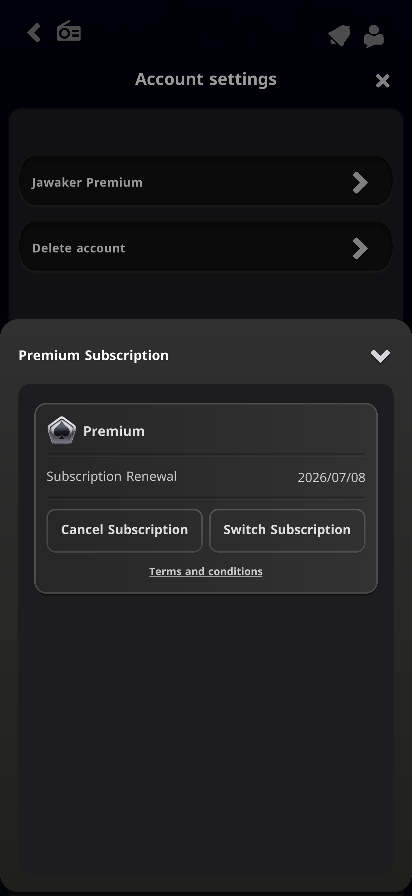 Jawaker settings menu displaying login and account linking provider buttons