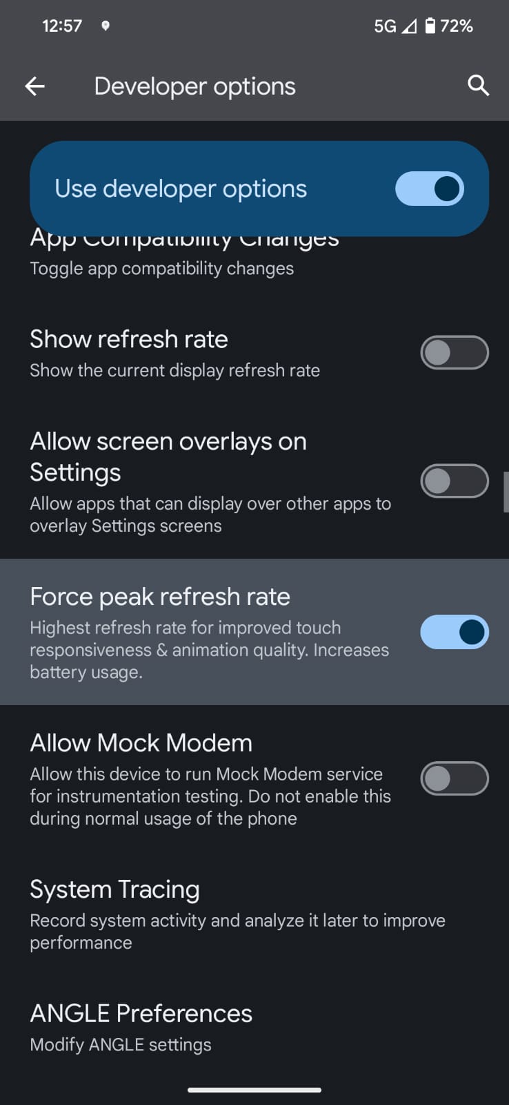 An Android phone's Developer options menu with Force peak refresh rate toggled on