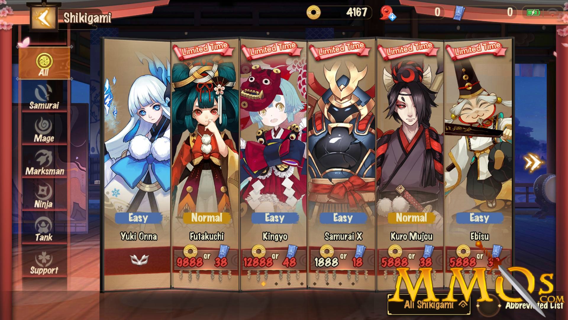 Onmyoji Arena Shikigami selection menu showing character difficulty ratings